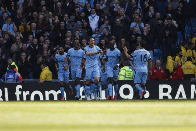 21.03.2015. Manchester, England. Barclays Premier League. Manchester City versus West Bromwich Albion. Manchester City striker Wilfried Bony and his team celebrate him scoring the first goal xAlanxMartinx  ActionPlus11606863
