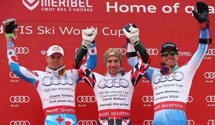 ALPINE SKIING - FIS WC Meribel MERIBEL,FRANCE,21.MAR.15 - ALPINE SKIING - FIS World Cup Final, giant slalom, men, award ceremony for the Giant Slalom World Cup. Image shows Alexis Pinturault (FRA), Marcel Hirscher (AUT) and Ted Ligety (USA).
