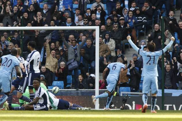 21.03.2015. Manchester, England. Barclays Premier League. Manchester City versus West Bromwich Albion. Manchester City midfielder Fernando Reges scores City s second goal. xAlanxMartinx  ActionPlus11606877
