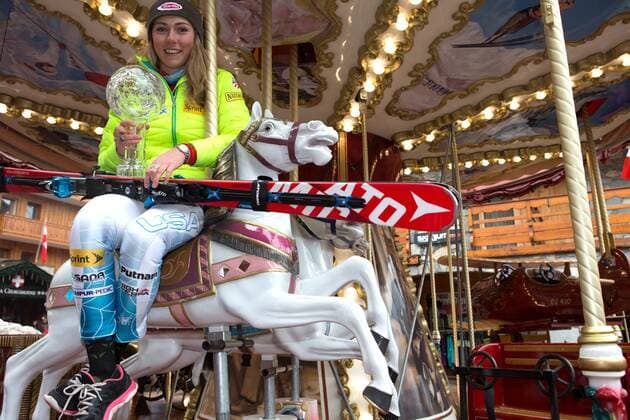 ALPINE SKIING - FIS WC Meribel MERIBEL,FRANCE,21.MAR.15 - ALPINE SKIING - FIS World Cup Final, slalom, ladies, photo shooting. Image shows Mikaela Shiffrin (USA). Keywords: trophy, crystal globe.