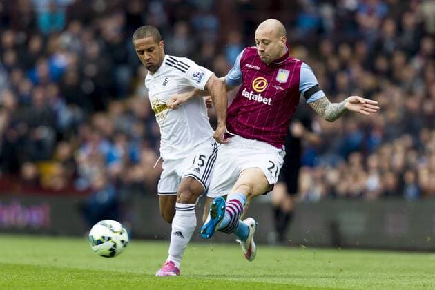 21.03.2015. Birmingham, England. Barclays Premier League. Aston Villa versus Swansea City. Wayne Routledge (Swansea City) and Alan Hutton (Aston Villa) vie for possession. xGrahamxWilsonx  ActionPlus11606936