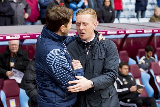 21.03.2015. Birmingham, England. Barclays Premier League. Aston Villa versus Swansea City. Aston Villa manager Tim Sherwood and Swansea City Head Coach Garry Monk shake hands before kickoff. xGrahamxWilsonx  ActionPlus11606945