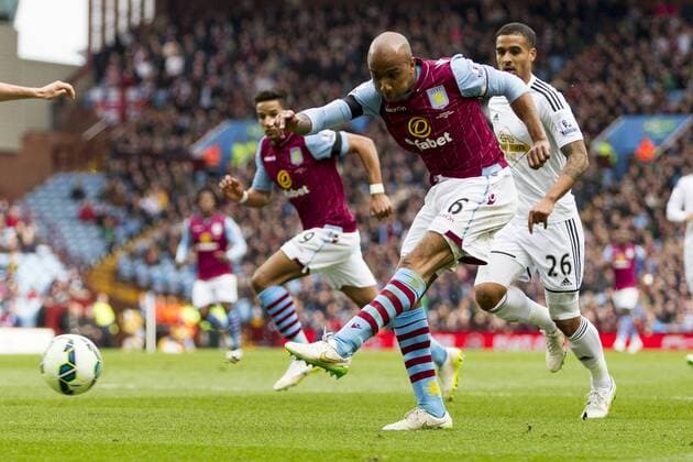 21.03.2015. Birmingham, England. Barclays Premier League. Aston Villa vs Swansea City. Fabian Delph (Aston Villa) shoots at goal. xGrahamxWilsonx  ActionPlus11606987