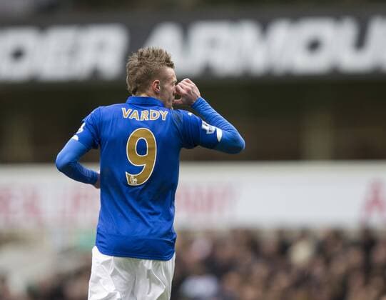 21.03.2015. London, England. Barclays Premier League. Tottenham Hotspur versus Leicester. Leicester City s Jamie Vardy celebrates his goal by sucking his thumb. xNigelxCookex  ActionPlus11606989