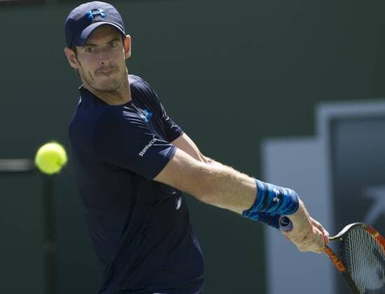 Andy Murray of Britain returns the ball during the men s semifinal match on the BNP Paribas Open tennis at the Indian Wells Tennis Garden in Indian Wells, California, the United States on March 21, 2015. (SP)US-INDIAN WELLS-TENNIS-BNP PARIBAS OPEN-MURRAY YangxLeiC 