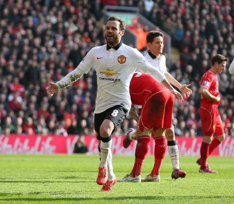 Juan Mata of Manchester United ManU celebrates his spectacular second goal - Barclays Premier League - Liverpool vs Manchester Utd - Anfield Stadium - Liverpool - England - 22nd March 2015 - Picture Simon Bellis Sportimage EDITORIAL USE ONLY. No use with unauthorised audio, video, data, fixture lists, club league logos or live services. Online in-match use limited to 120 images, no video emulation. No use in betting, games or single club league player publications.
