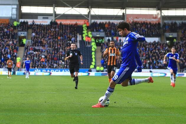 Diego Costa of Chelsea scores his sides second goal - Hull City vs. Chelsea - Barclay s Premier League - KC Stadium - Hull - 22 03 2015 Pic Philip Oldham Sportimage EDITORIAL USE ONLY. No use with unauthorised audio, video, data, fixture lists, club league logos or live services. Online in-match use limited to 120 images, no video emulation. No use in betting, games or single club league player publications.