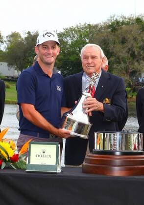 March 22 2015: Arnold Palmer presents Mat Every with the Championship trophy in the final round of the Arnold Palmer Invitational at the Bay Hill Club and Lodge in Orlando, Florida. GOLF: MAR 22 PGA Golf Herren - Arnold Palmer Invitational - Final Round Icon2881503220134 EDITORIAL USE ONLY