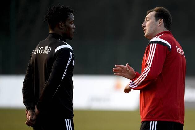 - BRUSSELS, BELGIUM: Belgium s Michy Batshuayi and Belgium s head coach Marc Wilmots pictured during a training session of Belgian national soccer team Red Devils, Monday 23 March 2015, in Neerpede, Brussels. Belgium will play its fourth and fifth games of the Euro 2016 qualification against Cyprus on 28 March in Belgium and against Israel on 31 March in Israel. DIRKxWAEM  x04592425x