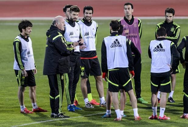 Spanish national team Nationalteam training session. In this picture, Vicente Del Bosque speaks to the squad. xDIEGOxGxSOUTOx 