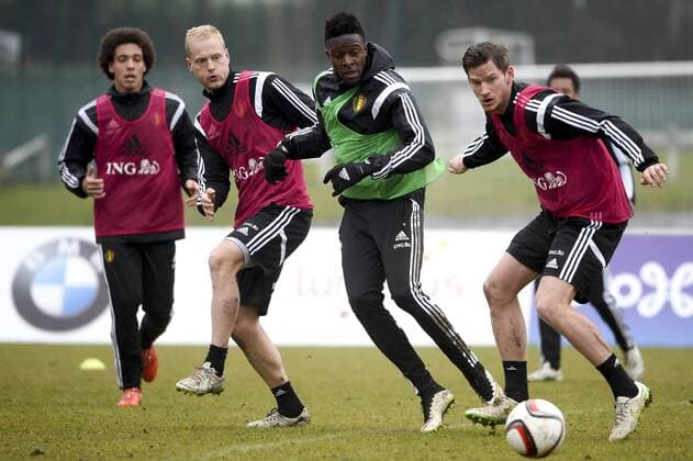 - BRUSSELS, BELGIUM: Belgium s Axel Witsel, Belgium s Olivier Deschacht, Belgium s Divock Origi and Belgium s Jan Vertonghen pictured during a training session of Belgian national soccer team Red Devils, Wednesday 25 March 2015, in Neerpede, Brussels. Belgium will play it s fourth and fifth game of the Euro 2016 qualification against Cyprus on 28 March in Belgium and against Israel on 31 March in Israel. DIRKxWAEM  x04593263x