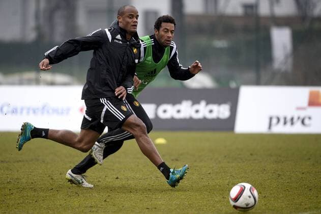 - BRUSSELS, BELGIUM: Belgium s Vincent Kompany and Belgium s Moussa Dembele pictured during a training session of Belgian national soccer team Red Devils, Wednesday 25 March 2015, in Neerpede, Brussels. Belgium will play it s fourth and fifth game of the Euro 2016 qualification against Cyprus on 28 March in Belgium and against Israel on 31 March in Israel. DIRKxWAEM  x04593285x