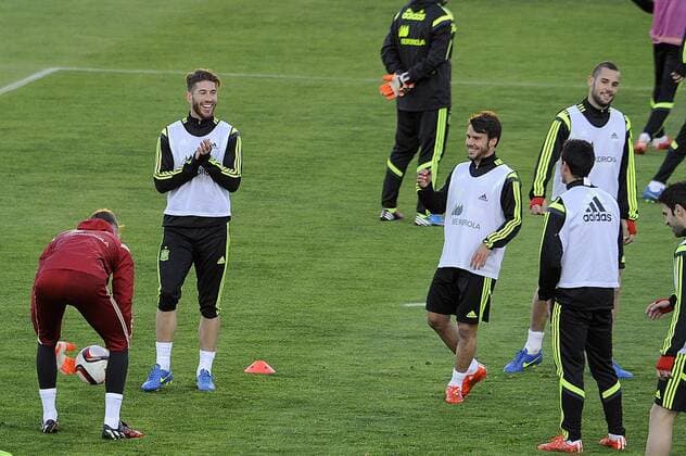 Spanish national team Nationalteam s training at Ciudad del Futbol stadium in Las Rozas, Madrid, Spain. In the pic: De Gea, Sergio Ramos, Bernat Velasco and Mario Suarez. March 25, 2015.  (20150325014)