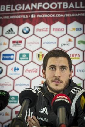 - BRUSSELS, BELGIUM: Belgium s Eden Hazard pictured during a press conference PK Pressekonferenz after a training session of Belgian national soccer team Red Devils, Thursday 26 March 2015, in Neerpede, Brussels. JASPERxJACOBS  x04593852x