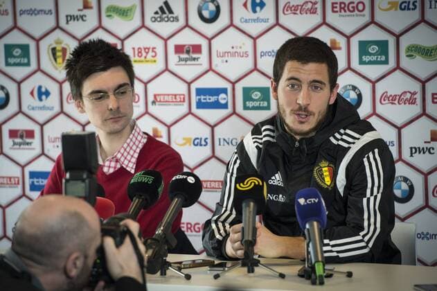 - BRUSSELS, BELGIUM: Belgium s Eden Hazard pictured during a press conference PK Pressekonferenz after a training session of Belgian national soccer team Red Devils, Thursday 26 March 2015, in Neerpede, Brussels. JASPERxJACOBS  x04593882x