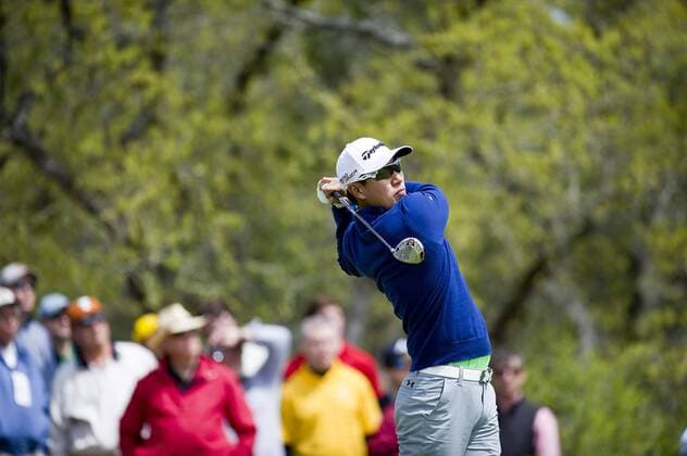 March 26, 2015: James Hahn watches his tee shot at hole 1 during the start of Round 1 at the Valero Texas Open, TPC San Antonio AT&T Oaks Course. San Antonio, Texas. PGA Golf Herren Golf 2015: Valero Texas Open MAR 26 - ZUMAc04_