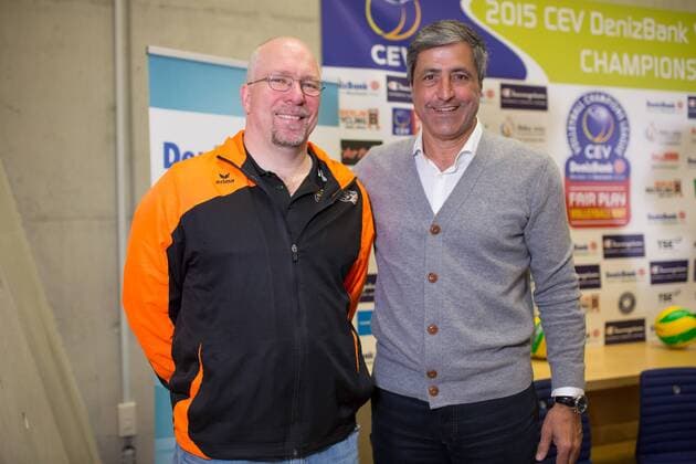 Berlin, Deutschland, 27.03.2015: Volleyball CEV Championsleague Final 4 2015 - Pressekonferenz CEV Final 4. Trainer Mark Lebedew (BR Volleys) und Manager Kaweh Niroomand (BR Volleys)