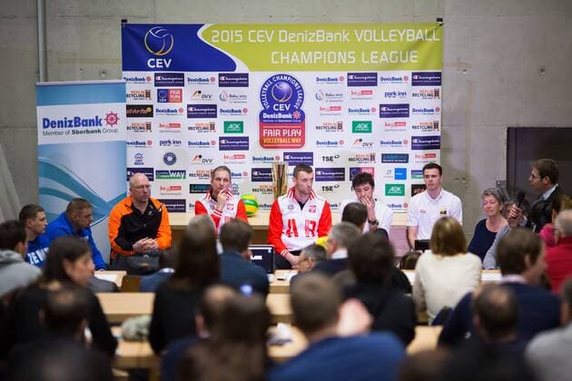 Berlin, Deutschland, 27.03.2015: Volleyball CEV Championsleague Final 4 2015 - Pressekonferenz CEV Final 4. Übersicht der Pressekonferenz