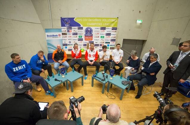 Berlin, Deutschland, 27.03.2015: Volleyball CEV Championsleague Final 4 2015 - Pressekonferenz CEV Final 4. Übersicht der Pressekonferenz