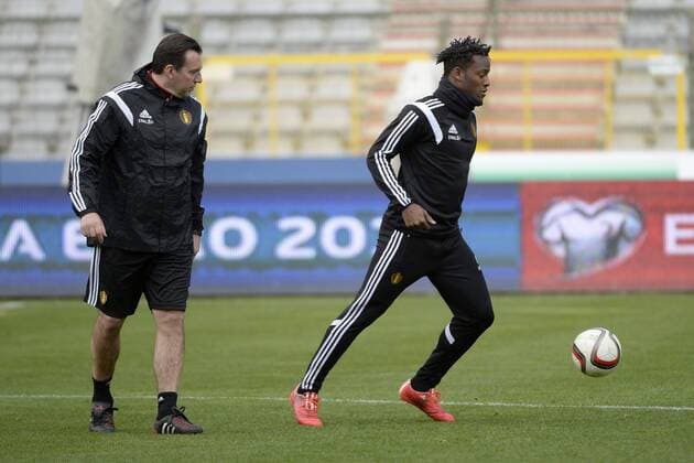 Marc Wilmots, headcoach of Belgium and Michy Batshuayi FOOTBALL : Entrainement Equipe Belgique - stade Roi Baudouin - 27 03 2015 PhotoNews Panoramic 