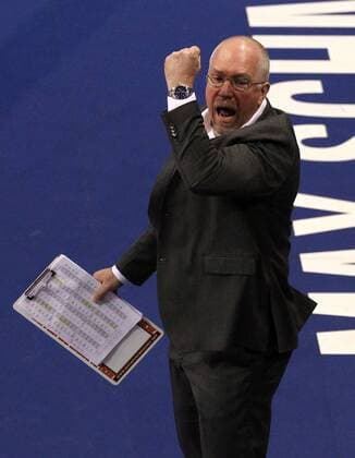 Trainer Mark Lebedew Jubel nach Satzgewinn Volleyball Halbfinale CEV DenizBank Championsleague Herren Saison 2014 2015 28.03.2015 BR Volleys Berlin vs. Zenit Kazan