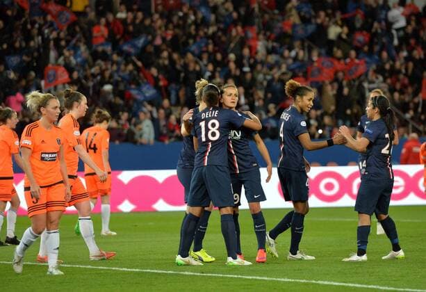 Marie Laure Delie (psg) - Laura Georges (psg) FOOTBALL : Paris SG vs Glasgow City - Ligue des champions feminine - quart de finale retour- 28 03 2015 AnthonyBIBARD FEP Panoramic 