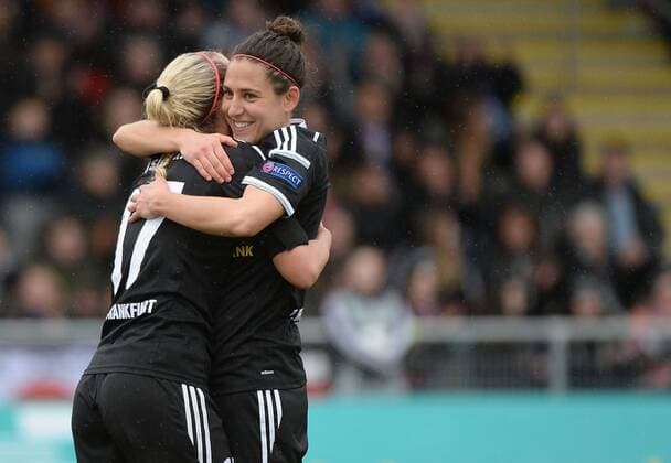 29.03.2015, xjhx, Fussball Champions League 1 4 Finale, 1.FFC Frankfurt - Bristol Academy WFC, v.l. Mandy Islacker (1.FFC Frankfurt), Veronica Boquete (1.FFC Frankfurt) celebrate the goal 3:0