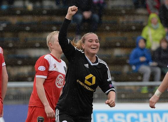 29.03.2015, xjhx, Fussball Champions League 1 4 Finale, 1.FFC Frankfurt - Bristol Academy WFC, v.l. Laura Stoerzel (1.FFC Frankfurt) celebrate the goal 6:0