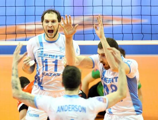 BERLIN , MAX-SCHMELING HALLE 29.03.2015 VOLLEYBALL MEN S CEV DENIZBANK CHAMPIONS LEAGUE FINAL FOUR THE FINAL GAME SEASON 2014 2015 ASSECO RESOVIA RZESZOW - ZENIT KAZAN ANDREY ASHCHEV ( ZENIT ) MAXIM MIKHAILOV ( ZENIT )  150329MIN119