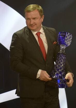 Pavel Vrba, coach of Czech national soccer team, poses with award for the Coach of the Year during the Czech Footballer of the Year for 2014 ceremony, organised by the Czech Football Association (FACR) in Prague, Czech Republic, March 29, 2015. (CTKxPhoto MichalxKrumphanzl) CTKPhotoP201503290479501  _KRU6217