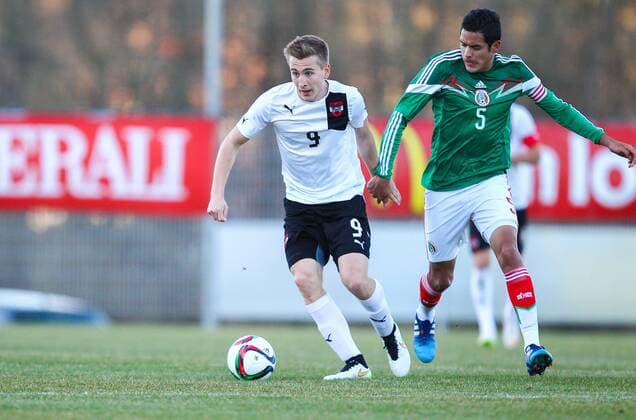 SOCCER - U20, AUT vs MEX, friendly match ROHRBACH AN DER LAFNITZ,AUSTRIA,30.MAR.15 - SOCCER - OEFB Under-20 international match Länderspiel Austria vs Mexico, friendly match. Image shows Valentin Grubeck (AUT) and Sergio Flores (MEX). GEPAxpictures xCh.xKelemen 