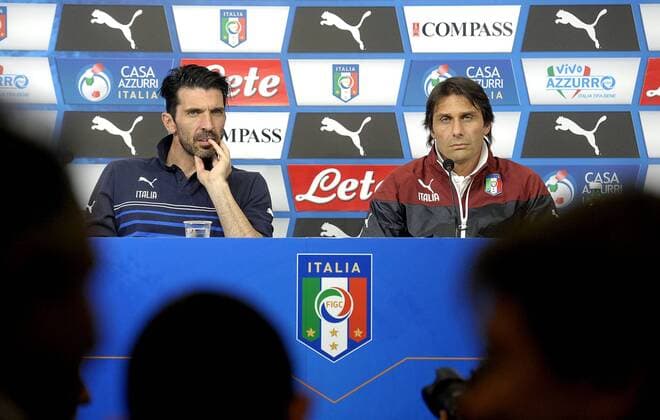 Antonio Conte e Gianluigi Buffon -, Torino 30-03-2015, Juventus Stadium, Football Calcio 2014 2015, press conference PK Pressekonferenz , filippoxalfero