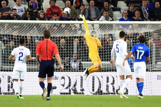 Joe Hart of England gets a hand to a shot on goal - Italy - England in Turin EDITORIAL USE ONLY. No use with unauthorised audio, video, data, fixture lists, club league logos or live services. Online in-match use limited to 120 images, no video emulation. No use in betting, games or single club league player publications.