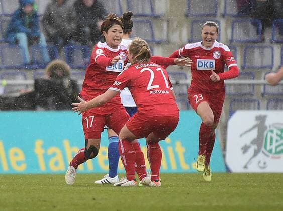 01.04.2015, xjhx, Fussball DFB Pokal Halbfinale Damen, 1.FFC Frankfurt - Turbine Potsdam, v.l.Asano Nagasato (Turbine Potsdam), Tabea Kemme (Turbine Potsdam), Lidija Kulis (Turbine Potsdam) celebrate the goal 0:1