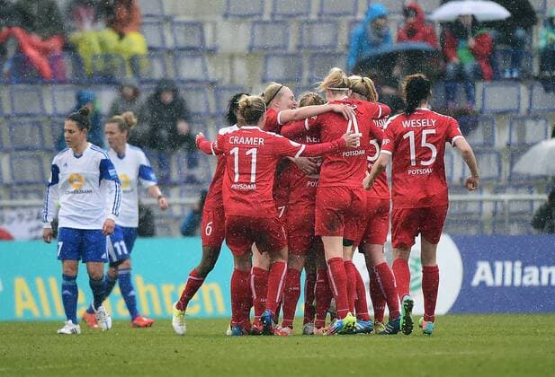 01.04.2015, xjhx, Fussball DFB Pokal Halbfinale Damen, 1.FFC Frankfurt - Turbine Potsdam, v.l.Asano Nagasato (Turbine Potsdam), Tabea Kemme (Turbine Potsdam), Lidija Kulis (Turbine Potsdam) celebrate the goal 0:1