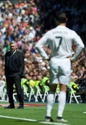 Real Madrid Forward, Cristiano Ronaldo dos Santos - RONALDO, number 7 . Real Madrid Coach, Carlo Ancelotti - ANCELOTTI. Round 29 of the BBVA league, soccer match between Real Madrid - Granada CF at the Santiago Bernabeu estadium, Madrid - Spain by April 5, 2015. . 