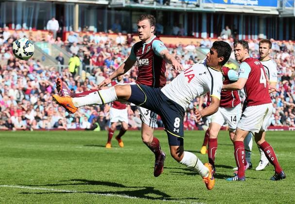 Paulinho of Tottenham gets into space inside the area but fails to connect with the ball - Barclays Premier League - Burnley vs Tottenham - Turf Moor Stadium - Burnley - England - 5th April 2015 - Picture Simon Bellis Sportimage EDITORIAL USE ONLY. No use with unauthorised audio, video, data, fixture lists, club league logos or live services. Online in-match use limited to 120 images, no video emulation. No use in betting, games or single club league player publications.