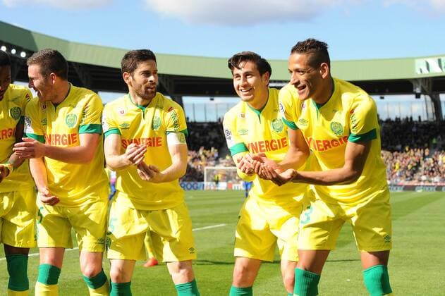 joie Alejandro Bedoya apres son but - Yacine Bammou - Jordan Veretout - Olivier Veigneau (Nantes) FOOTBALL : Nantes vs Caen - Ligue 1 - 05 04 2015 N.LeGouic FEP Panoramic 