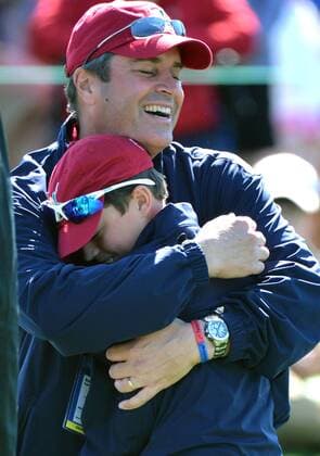 Jack Peacock of Alpharetta, Georgia is congratulated after winning the Boys 10-11 division of the Drive, Chip and Putt National Finals during Masters week at Augusta, National in Augusta, Georgia on April 5, 2015.  WAP20150405314 KEVINxDIETSCH