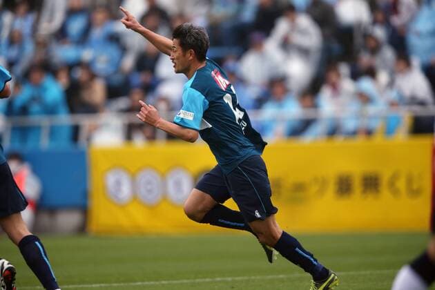 Kazuyoshi Miura (Yokohama FC), APRIL 5, 2015 - Football Soccer : 2015 J2 League match between Yokohama FC 2-3 Jubilo Iwata at NHK Spring MitsuzawaFootball Stadium, Kanagawa, Japan. 48 year old Kazuyoshi Miura extended his record as the oldest goal-scorer in J.League history with a first half header against Jubilo Iwata. King Kazu celebrated the goal with his Kazu Dance last seen over a year ago. NoxThirdxPartyxSales  (iwpa005161)