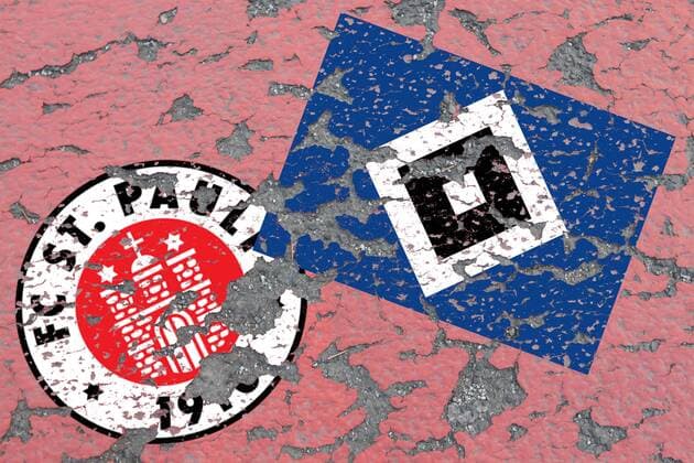 Symbolbild zum drohenden Abstieg und Absturz der Traditionsclub s FC Sankt Pauli und Hamburger SV HSV aus der 1. bzw 2. Fussball Bundesliga: abbroeckelnder Putz und Risse im Vereinsemblem