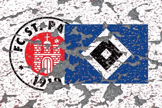 Symbolbild zum drohenden Abstieg und Absturz der Traditionsclub s FC Sankt Pauli und Hamburger SV HSV aus der 1. bzw 2. Fussball Bundesliga: abbroeckelnder Putz und Risse im Vereinsemblem