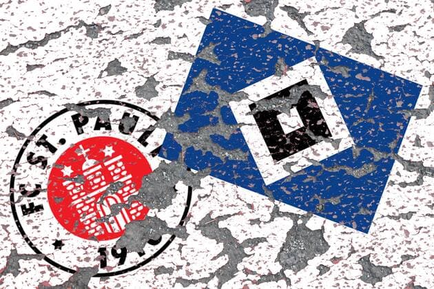 Symbolbild zum drohenden Abstieg und Absturz der Traditionsclub s FC Sankt Pauli und Hamburger SV HSV aus der 1. bzw 2. Fussball Bundesliga: abbroeckelnder Putz und Risse im Vereinsemblem