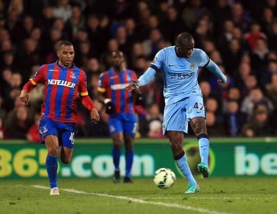 Manchester City s Yaya Toure scoring his sides opening goal Barclays Premier League- Crystal Palace vs Manchester City - Selhurst Park - England - 6th April 2015 - Picture David Klein Sportimage EDITORIAL USE ONLY. No use with unauthorised audio, video, data, fixture lists, club league logos or live services. Online in-match use limited to 120 images, no video emulation. No use in betting, games or single club league player publications.