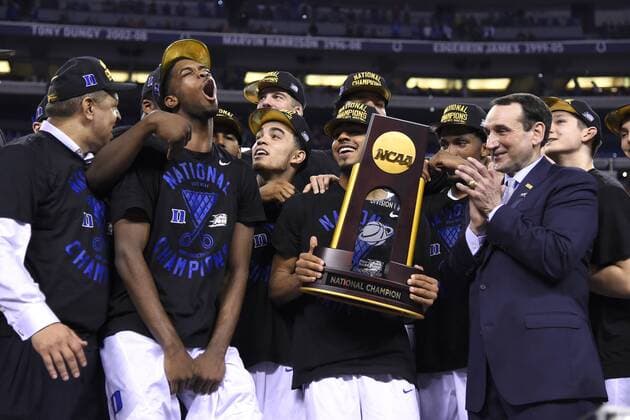 06 April 2015: Duke Blue Devils head coach Mike Krzyzewski celebrates with his players by watching a video after the trophy ceremony in action during the NCAA College League USA Championship Basketball game between the Wisconsin Badgers and the Duke Blue Devils, at the Lucas Oil Stadium, in Indianapolis, IN. NCAA BASKETBALL: APR 06 Div I Men s National Championship - Wisconsin v Duke Icon164040615361 EDITORIAL USE ONLY