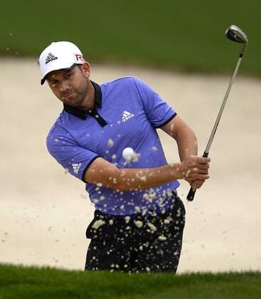 April 7, 2015 - Augusta, GA, USA - Golfer Sergio Garcia hits from a bunker along the 10th green on Tuesday, April 7, 2015 at Augusta National Golf Club in Augusta, Ga. Garcia and other golfers are practicing for the 2015 Masters at Augusta National Golf Club. Masters practice - ZUMAm67_