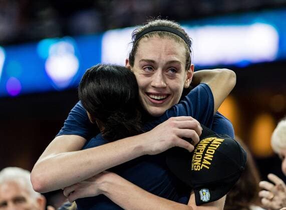 April 7, 2015 - Tampa FL, USA - Connecticut Huskies forward Breanna Stewart 30 gets a big hug from her teammate Moriah Jefferson 4 after getting emotional during an interview after the NCAA College League USA Women s Championship Game. Connecticut defeats Notre Dame 63-53 at Amalie Arena in Tampa FL. NCAA Women s Basketball 2015: National Championship Game - Notre Dame vs. Connecticut APRIL 7 - ZUMAc04_