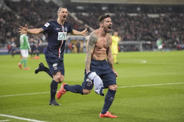 joie des joueurs Parisiens apres le but de Ezequiel Lavezzi (PSG) FOOTBALL : FC Paris St. Germain PSG vs AS St. Etienne - 1 2finale Coupe de France - 08 04 2015 JBAutissier Panoramic 