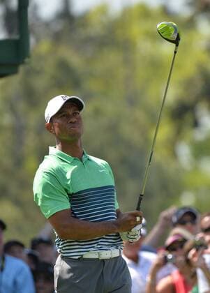 Tiger Woods hits off of the 18th tee during a practice round at the 2015 Masters Tournament at Augusta, National in Augusta, Georgia on April 8, 2015.  AUG20150408317 KEVINxDIETSCH