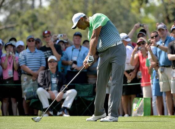 Tiger Woods hits off of the 18th tee during a practice round at the 2015 Masters Tournament at Augusta, National in Augusta, Georgia on April 8, 2015.  AUG20150408318 KEVINxDIETSCH